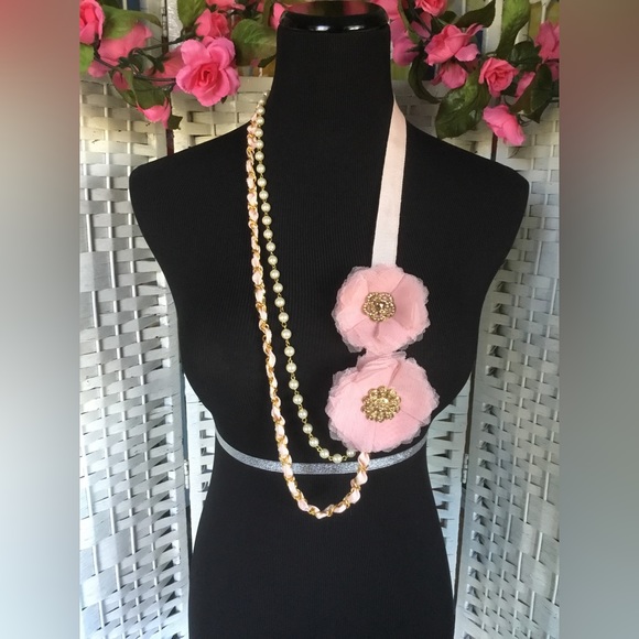 Anthropologie Jewelry - Anthropologie Pink Flower Ribbon Statement Necklace Floral Fabric Pearl  GUC